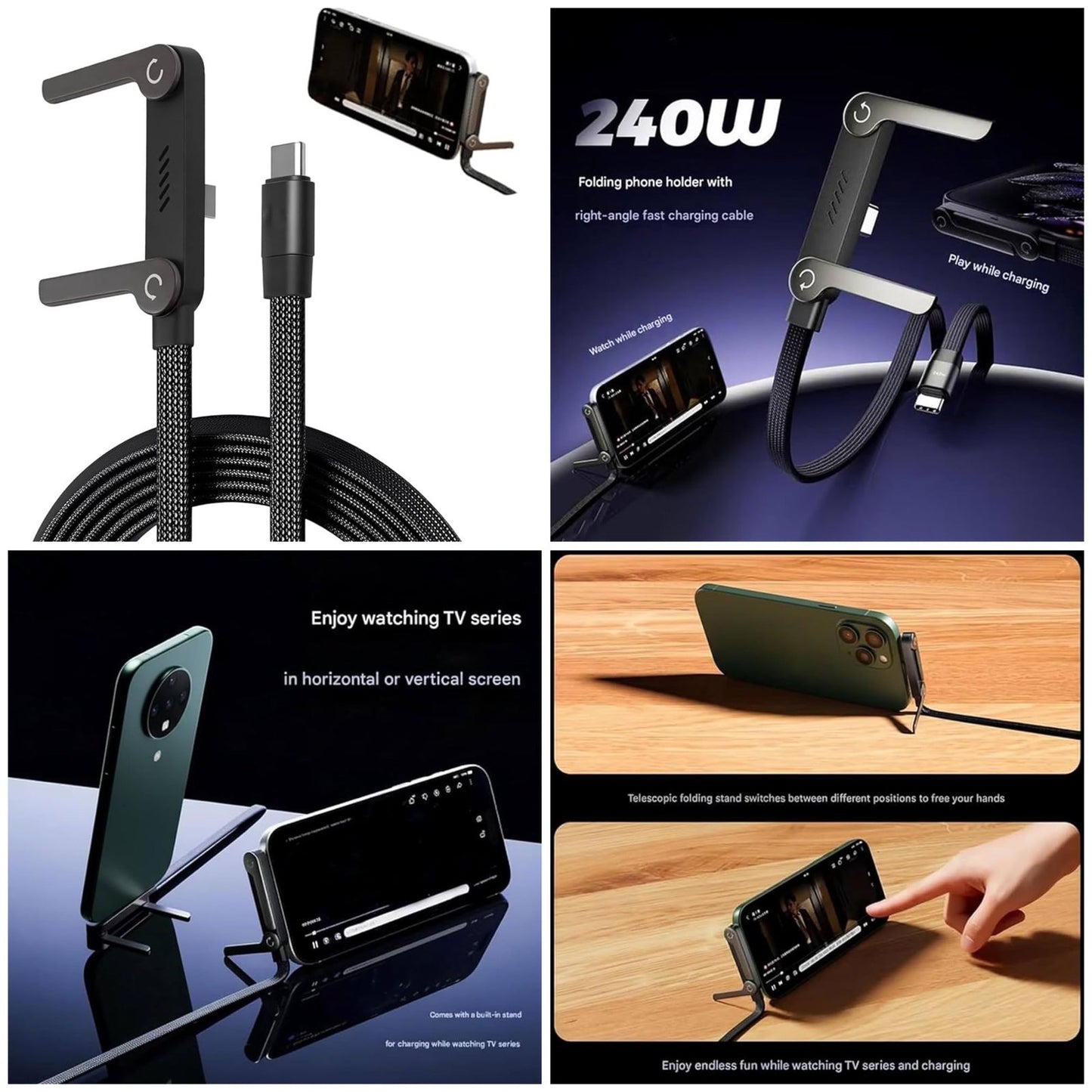 Fast Charging Cable with Built-in Stand- With Free C-Type to USB Connector
